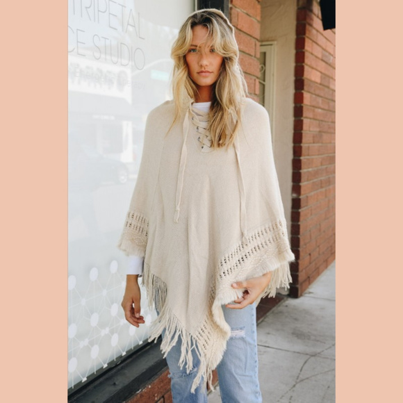 Classic Knit Poncho with Hood and Lace Up Detail - Picture 3 of 3